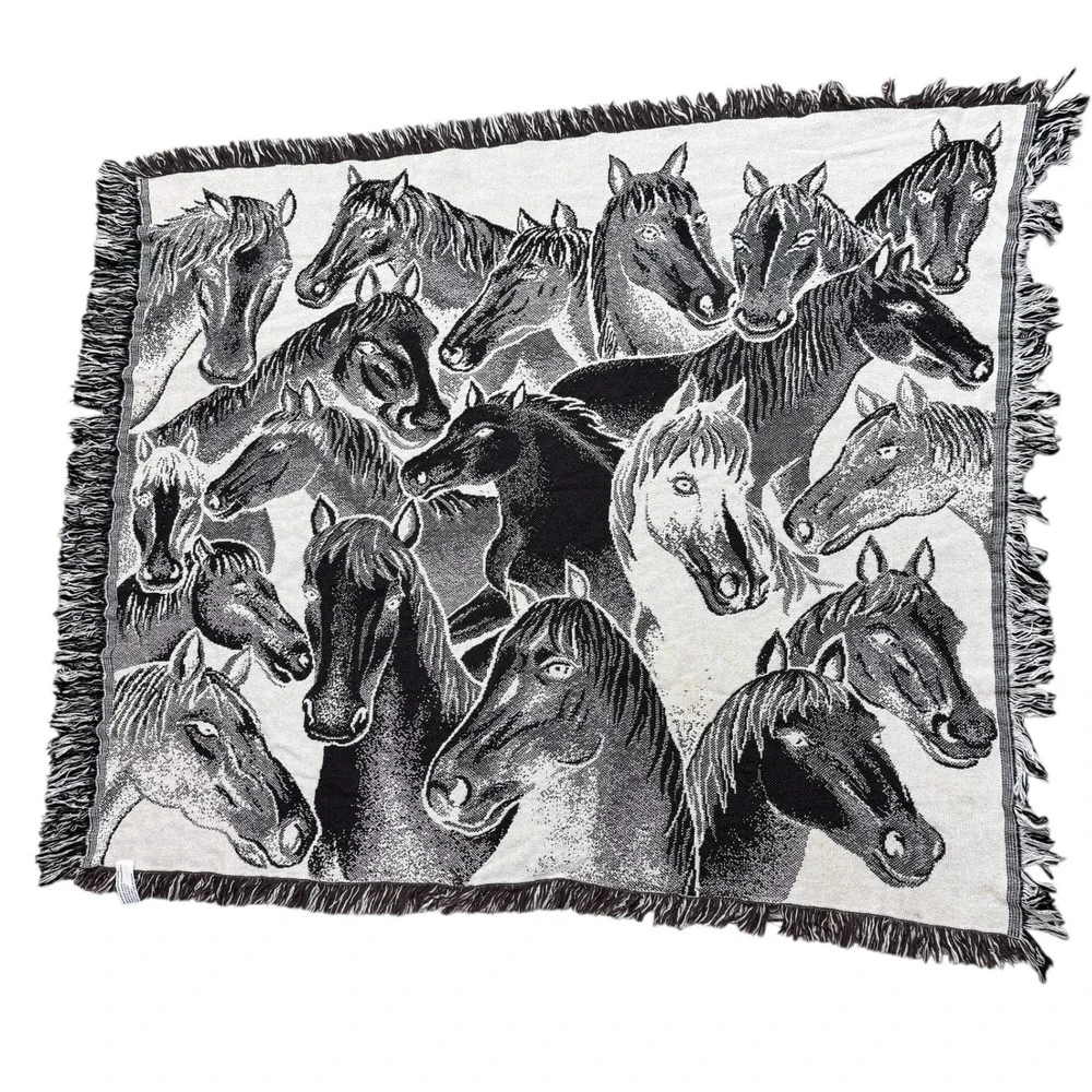Vintage Woven Horse Tapestry Throw Blanket Fringed Black White 47x40 Equestrian